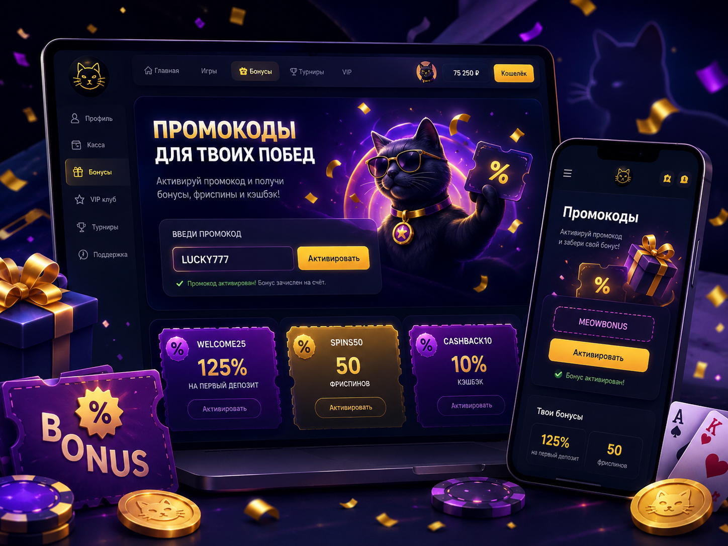 Cat Casino промокоды и активация кода